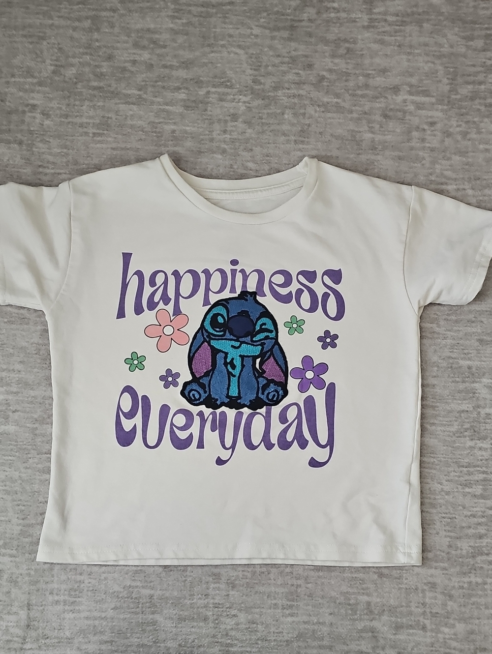 Disney Stitch White Tee with Blue Stitch and Purple Lettering